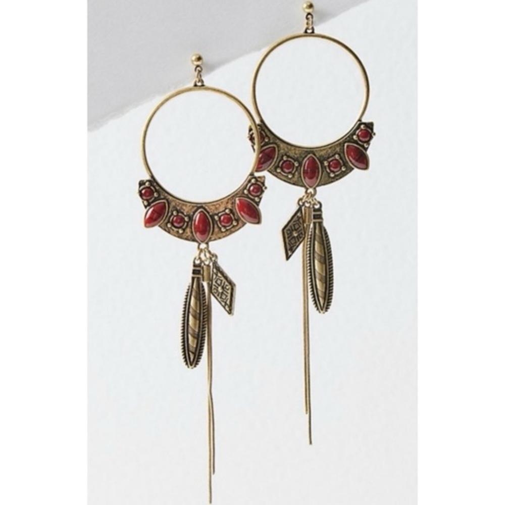 NWOT Free People Winona Hoop Brass Gold and Jasper Earrings Western Feather Boho